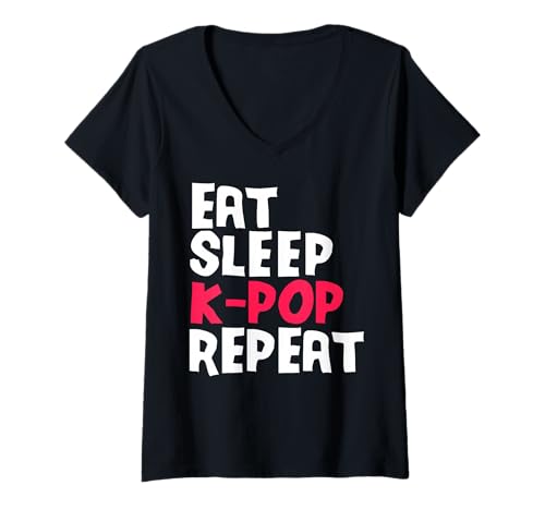 Damen Essen Schlafen Kpop Wiederholen Musikfan Alltag T-Shirt mit V-Ausschnitt Damen Essen Schlafen Kpop Wiederholen Musikfan Alltag T-Shirt mit V-Ausschnitt von Koreanischer Pop Hallyu Fangemeinde Liebe