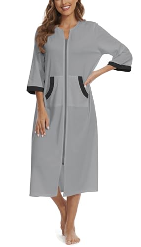 Korelayer Hausmantel mit Reißverschluss, 3/4-Ärmel, lang, leicht, mit Taschen, GRAU, X-Large Korelayer Hausmantel mit Reißverschluss, 3/4-Ärmel, lang, leicht, mit Taschen, GRAU, X-Large von Korelayer