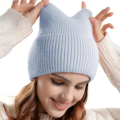 Koreshion Frauen Winter Beanie Hut Niedliche Katze Ohr Schnee Ski Hut Warme Kabel Strickmütze Weiche Manschette Schädel Kappe, Blau, Einheitsgröße von Koreshion