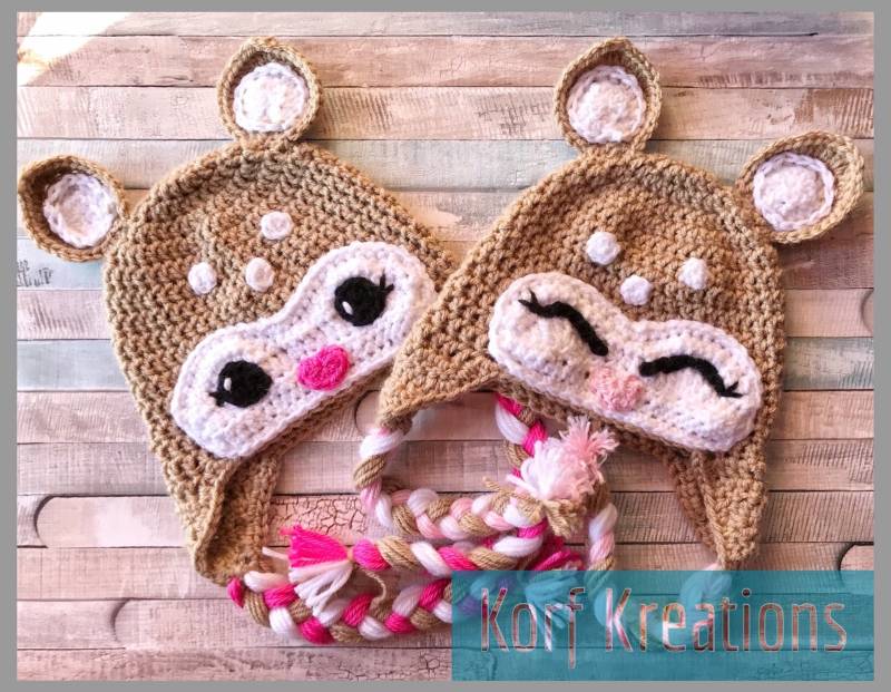 Handgefertigte Baby Reh Mütze Ohr Klappen Mit Rosa Herz Nase Und Quasten - Frühchen Bis Erwachsene Jungen Auch Erhältlich von KorfKreations