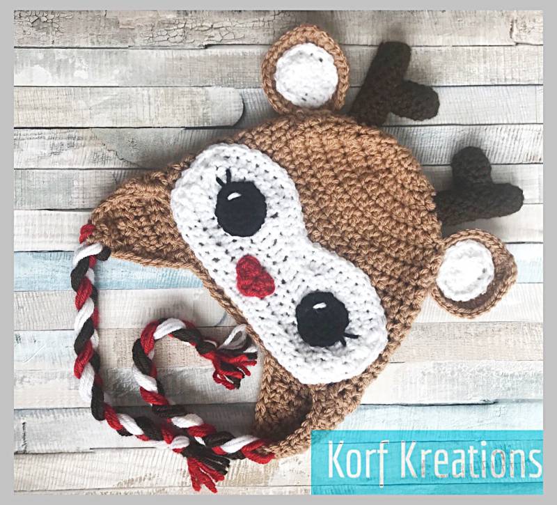 Handgemachte Baby Rudolph Deer Hut Ohr Klappen Mütze Mit Rotem Herz Nase, Geweih Und Quasten - Preemie Bis Erwachsene Individuell Einstellbar von KorfKreations
