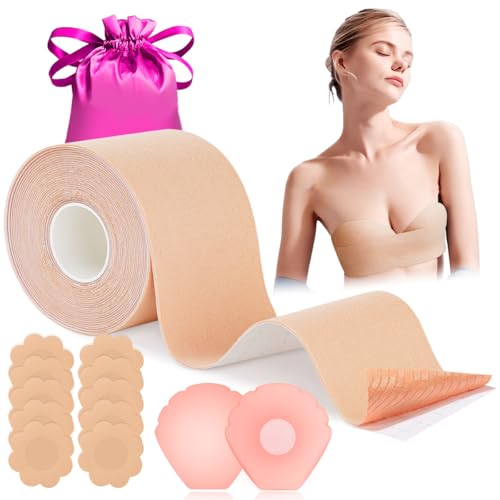 Korffe Brust Tape Klebe BH Push Up, Boob Tape Set für Klebe BH Große Brust Rückenfrei BH 2 Wiederverwendbare Unsichtbar Silikon Brüste Nippelpads Body Damen Tape für Körbchengrößen A-G von Korffe