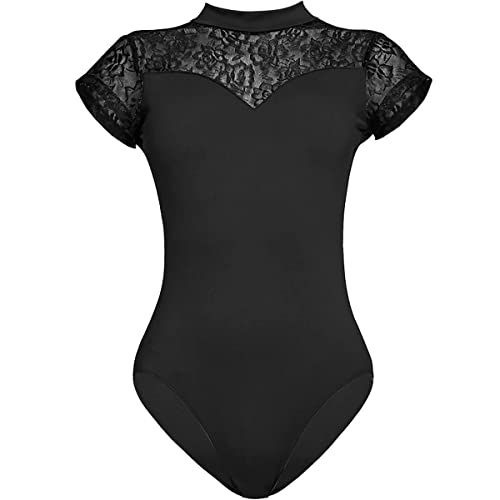 KorhLeoh Frauen Rollkragen Kurzarm Tanz Ballett Trikot Mit Durable Spitze Erwachsene Gymnastik Dancewear, Schwarz , 42 von KorhLeoh