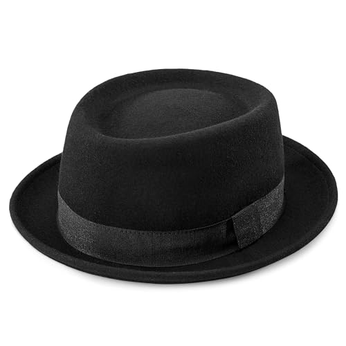 KorhLeoh Herren-Pork-Pie-Hat Flat-Top-Bowler-Hut Woll-Fedora-Hut für Frauen, Schwarz , M von KorhLeoh