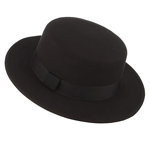 Pork Pie Hut für Männer/Frauen, breite Krempe, Filz, Bootsfahrer, Fedora, flacher Zylinder Kirche Derby Cap, Schwarz, M von KorhLeoh