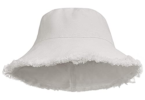 Distressed Bucket Hat Sonnenschutz Fransen Rand Gewaschene Baumwolle Canvas - Sommerhut mit breiter Krempe, Weiß, 56/58 cm von Korhleoh