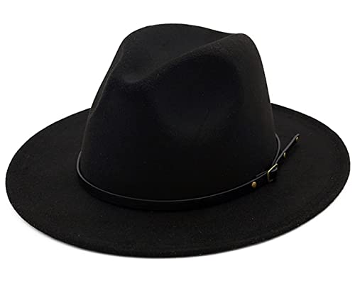 Korhleoh Klassischer Fedora Hut aus schwarzem Filz für Damen und Herren, Jazzmütze mit breiter Krempe, Wolle, Rancher, Panama mit Gürtelschnalle, Schwarz , 56/58 cm von Korhleoh