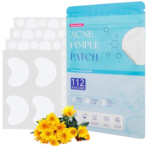Korintin 112 Stück Pickel Patch, Pimple Patch Hydrokolloid, Unsichtbare Anti Pickel Akne Patches, Wasserdicht & Atmungsaktiv Absorptions Acne Patches 3 Größen (8mm, 10mm, 38mm x 26mm) von Korintin