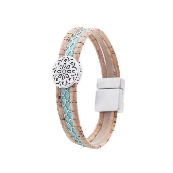 Kork-Deko Modisches Armband aus Kork, türkies mit seilbernem Element von Kork-Deko