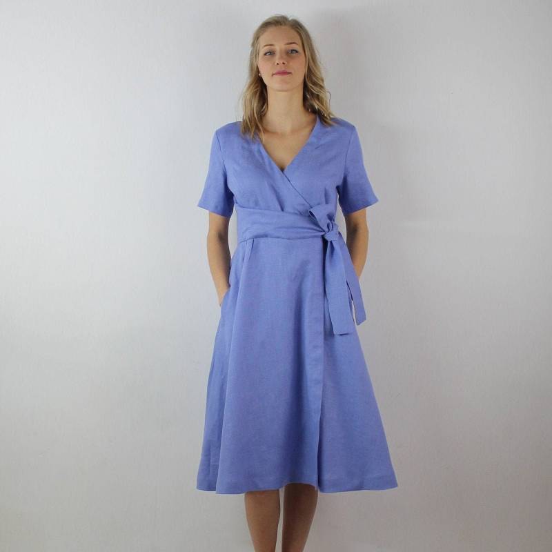 Leinenkleid Für Frauen/Kleid Mit Kurzen Ärmeln Leinen Lässiges Wickelkleid Sommerkleid von Korkoshi