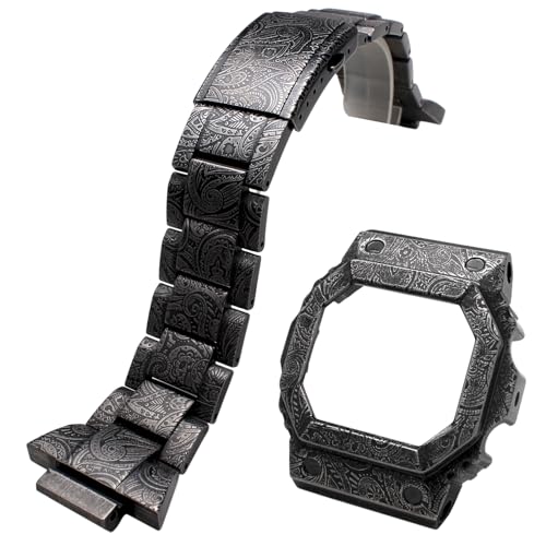 Metall-Uhrenarmband mit Uhrengehäuse für Casio für G-shock GX56 GX-56BB GWX56 GWX-56BB Herren-Armband Band mit Uhrenlünette MOD-Kit Retro Carving (GX-56/GXW-56, Schwarz) von Korlexchi