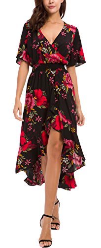 Kormei Damen Lang Kleid Sommer Elegant Boho Maxikleid Blumen Strandkleider Party Schwarz&Rot S von Kormei