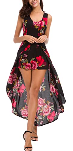 Kormei Damen Maxi Lang Kleid Tank Strand Spielanzug Boho Blumendruck Party Kleid Schwarz&Rot M von Kormei