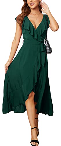 Kormei Damen-Maxikleid, ärmellos, U-Ausschnitt, Blumenmuster, hoch, niedrig, geteilt, Partykleid, lang, D16-solid green, Klein von Kormei