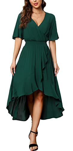 Kormei Damen-Maxikleid mit kurzen Ärmeln, Blumenmuster, hoch, niedrig, V-Ausschnitt, fließend, Partykleid, lang, Grün#1, Groß von Kormei