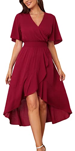 Kormei Damen-Maxikleid mit kurzen Ärmeln, Blumenmuster, hoch, niedrig, V-Ausschnitt, fließend, Partykleid, lang, reines rot, Groß von Kormei