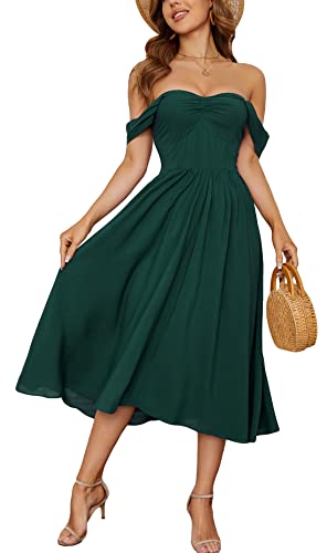 Kormei Damen Sommer Boho Floral Off Shoulder Kurzarm A Linie Swing Party Midi Kurz Kleid, Grün , Klein von Kormei