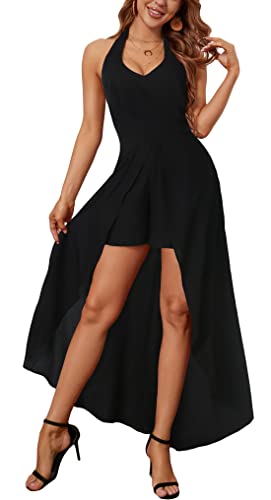 Kormei Damen Maxi-Strampler mit U-Ausschnitt, rückenfrei, Blumenmuster, Viskose, geteilt, Maxi-Strampler, 03 - Solid Black, Groß von Kormei