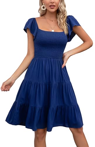 Kormei Damen gesmokter quadratischer Ausschnitt Kurzarm Boho Flowy Knielang Sommerkleid Casual Strand Kurzes Kleid, Blau, X-Groß von Kormei