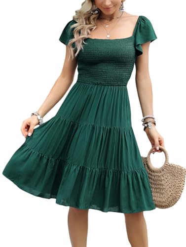 Kormei Damen gesmokter quadratischer Ausschnitt Kurzarm Boho Flowy Knielang Sommerkleid Casual Strand Kurzes Kleid, Grün , Klein von Kormei