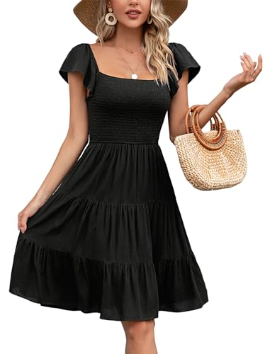 Kormei Damen gesmokter quadratischer Ausschnitt Kurzarm Boho Flowy Knielang Sommerkleid Casual Strand Kurzes Kleid, Schwarz, X-Groß von Kormei