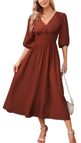 Kormei Frauen Casual Boho V-Ausschnitt 3/4 Ärmel Gesmokte Taille A Linie Flowy Swing Midi Kleid Gesmokt Langes Kleid, Orange, rot, X-Groß von Kormei