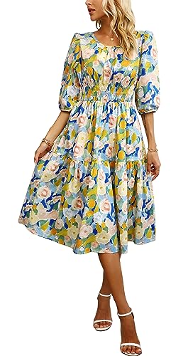 Kormei Frauen Sommer Casual Boho Floral Rundhals Kurzarm Gesmokte Taille Stufened Flowy Swing Midi Kleid, Blau/Gelb, Mittel von Kormei