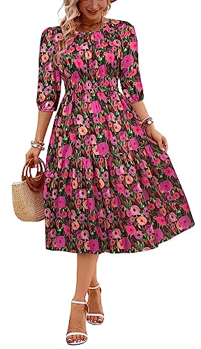 Kormei Frauen Sommer Casual Boho Floral Rundhals Kurzarm Gesmokte Taille Stufened Flowy Swing Midi Kleid, Grün / Violett, Groß von Kormei