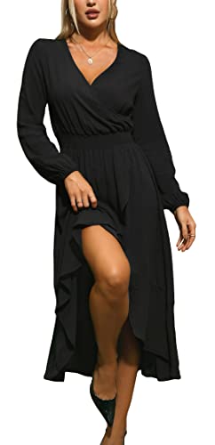 Kormei Langes Maxikleid für Damen, kurzärmelig, Blumenmuster, V-Ausschnitt, fließend, Partykleid, D10-solid Black, Groß von Kormei