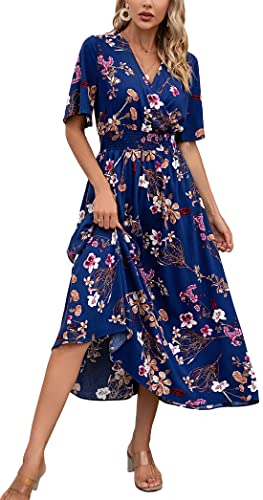 Kormei Langes Maxikleid für Damen, kurzärmelig, V-Ausschnitt, Blumenmuster, gesmokte Taille, A-Linie, Swing, Sommer, Strand, Party, langes Maxikleid, blau / violett, Mittel von Kormei