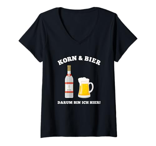 Damen Korn und Bier Party JGA Biertrinker Mallorca Saufen Urlaub T-Shirt mit V-Ausschnitt von Korn und Bier Spruch Design Grafik Herren Damen