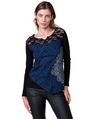 Koroshi Blaues Langarm-T-Shirt aus zweifarbiger Baumwolle mit Spitze und Paisleymuster für Damen, Blau, blau, XS Koroshi Blaues Langarm-T-Shirt aus zweifarbiger Baumwolle mit Spitze und Paisleymuster für Damen, Blau, blau, XS von Koroshi