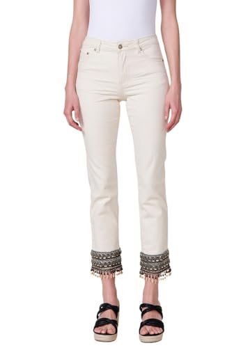 Koroshi Cropped Push Up Slim Stretch-Jeans mit mittlerer Taille und fünf Taschen mit Reißverschluss und Metallknopf und Stickerei mit Pailletten und Fransen mit Perlen und, weiß, 36 von Koroshi