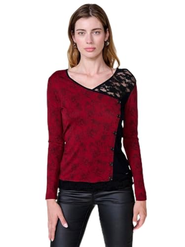 Koroshi Granat-T-Shirt für Damen, langärmlig, mit Spitzen- und Blumenmuster, Kastanienbraun, rot, X-Small Koroshi Granat-T-Shirt für Damen, langärmlig, mit Spitzen- und Blumenmuster, Kastanienbraun, rot, X-Small von Koroshi