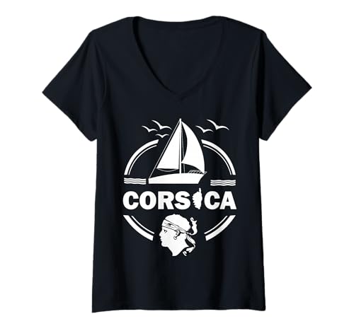Damen Segelboot auf der Insel Korsika Corse Piratenkopf Frankreich T-Shirt mit V-Ausschnitt von Korsika Insel Designs24