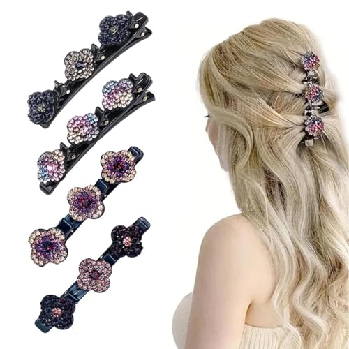 4 Stück Hhaarspangen Damen Doppelschicht, Geflochtene Strass-Haarspange, Zarte vierblättrige Kleeblatt-Haarspangen, Kristall Haarschmuck Damen, Elegante Haarstyling-Clips für Frauen Mädchen von Korysnew