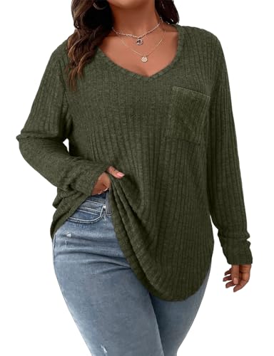 Koscacy Damen-Pullover in Übergröße, lässiger Strickpullover mit Tasche, V-Ausschnitt, einfarbig, Oberteil, leichte Langarmblusen, Grün (Army Green), 5X-Large Mehr von Koscacy
