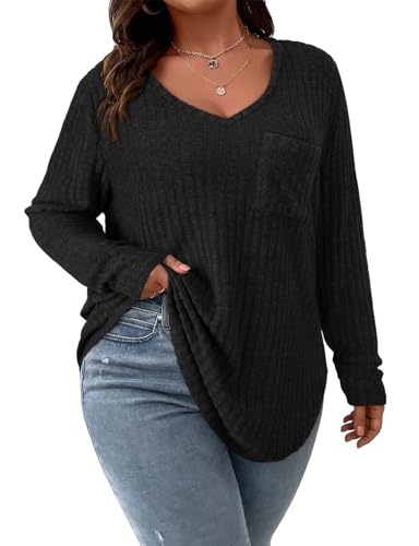 Koscacy Damen-Pullover in Übergröße, lässiger Strickpullover mit Tasche, V-Ausschnitt, einfarbig, Oberteil, leichte Langarmblusen, Schwarz, 5X von Koscacy