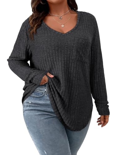 Koscacy Damen-Pullover in Übergröße, lässiger Strickpullover mit Tasche, V-Ausschnitt, einfarbig, Oberteil, leichte Langarmblusen, Tiefes grau, X-Large Mehr von Koscacy