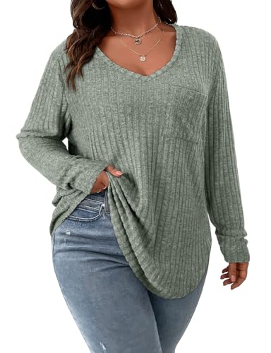 Koscacy Damen-Pullover in Übergröße, lässiger Strickpullover mit Tasche, V-Ausschnitt, einfarbig, Oberteil, leichte Langarmblusen, blassgrün, XX-Large Mehr von Koscacy