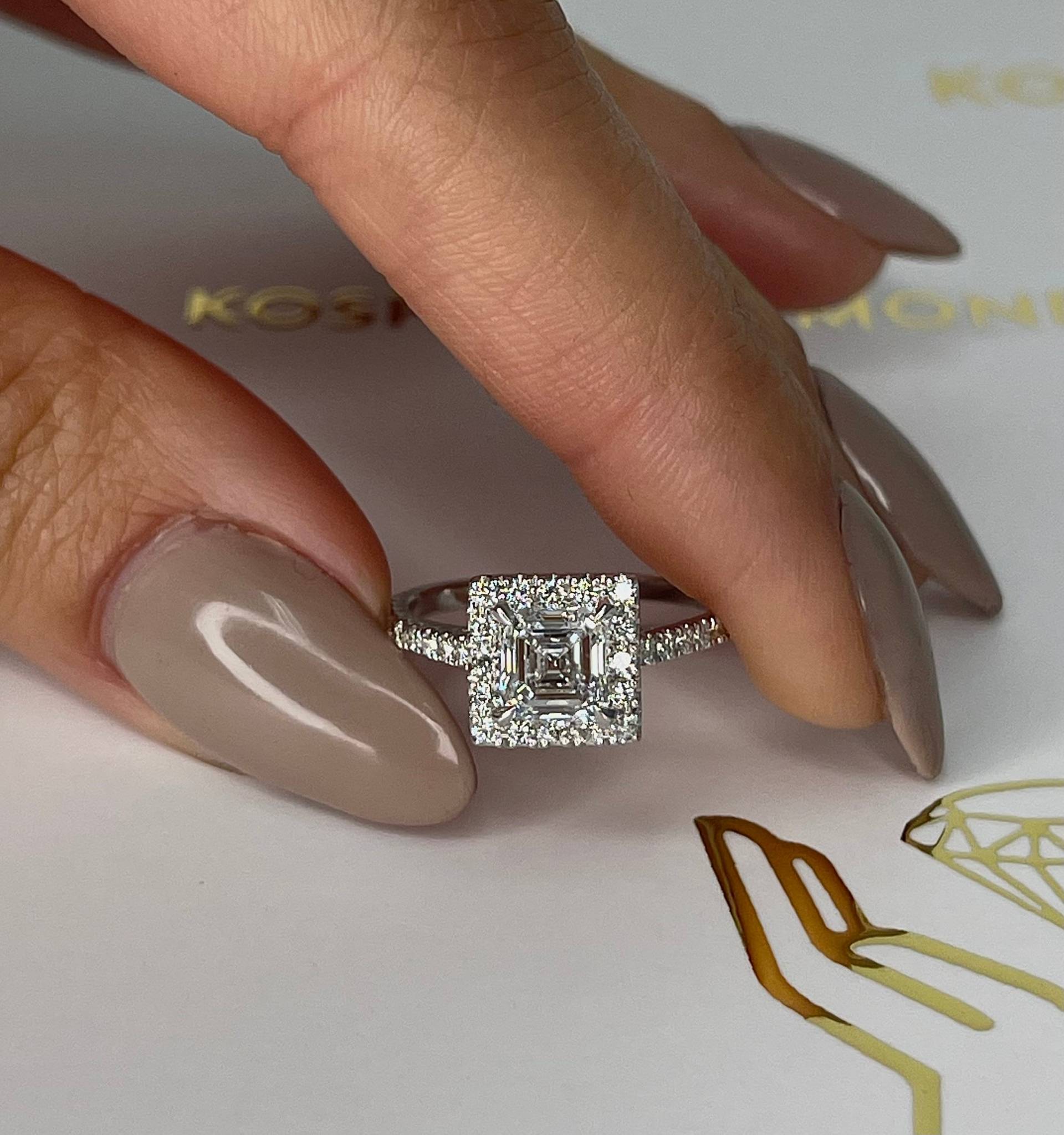 1.25 Karat E Farbe Vvs2 Klarheit Asscher Schnitt Igi Zertifizierte Im Labor Gewachsene Diamant Halo-Verlobungsring, Seitlich Geschliffene Diamanten von KosherDiamond