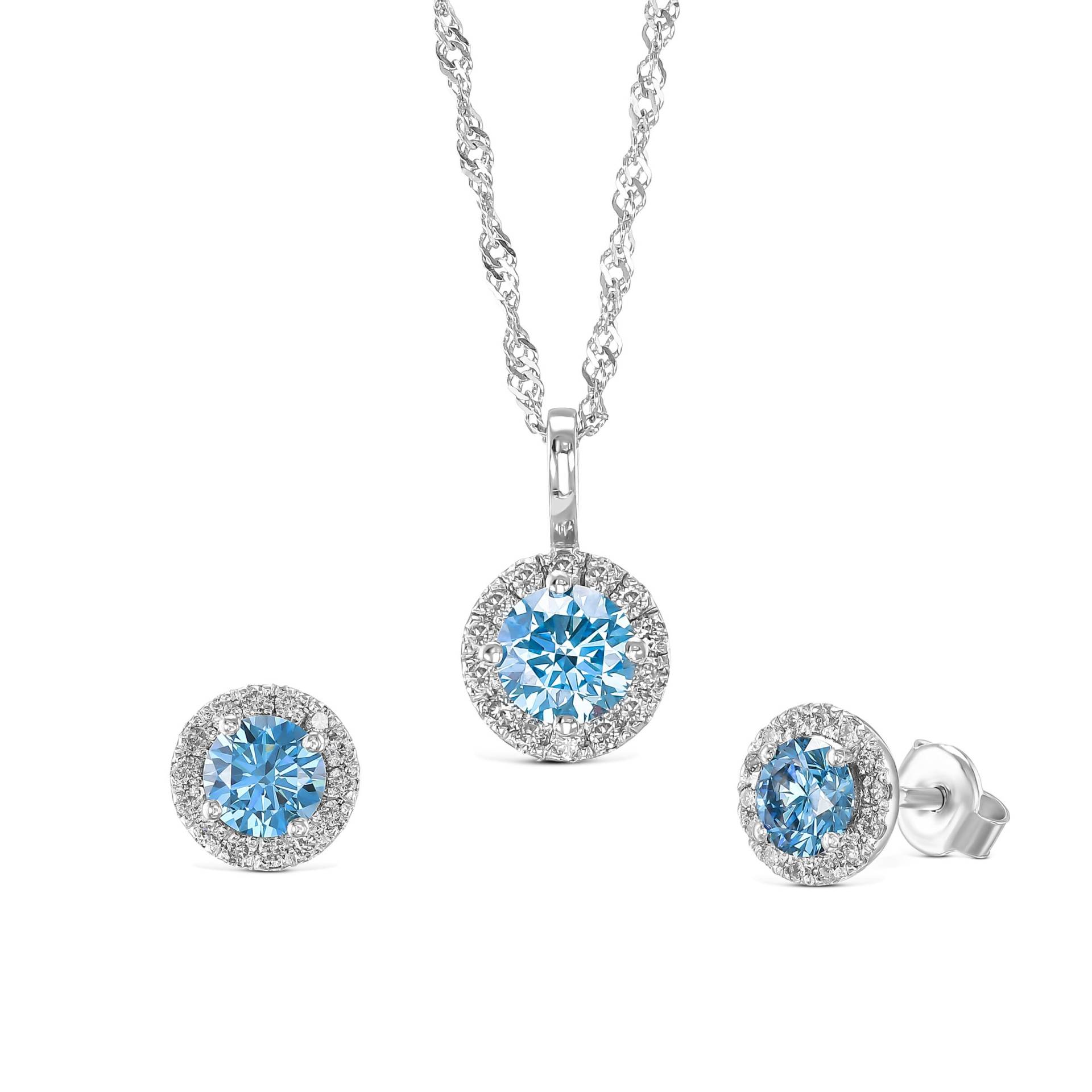 2 Ctw Vivid Blue Runde Schliff Lab Grown Halo Diamant Ohrringe & Anhänger Passendes Set, Schmuck Unikat, Besonderes Versprechen Geschenk von KosherDiamond