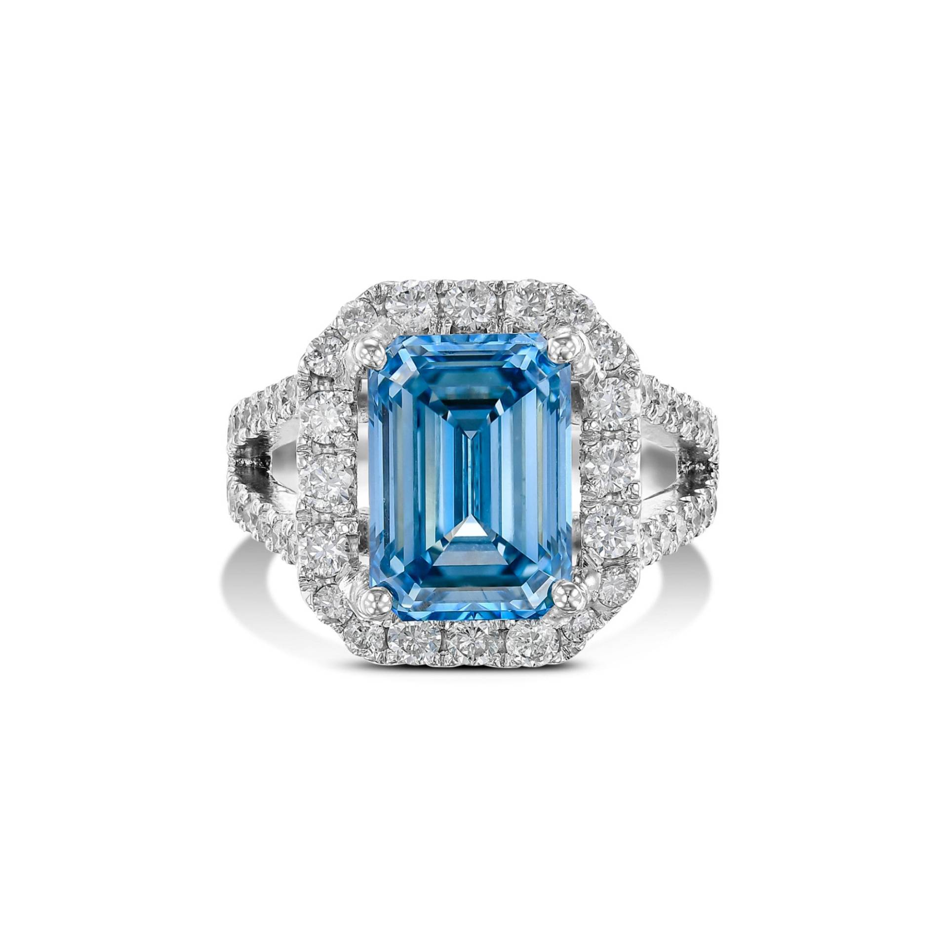 3, 5 Karat Fancy Vivid Blue Vvs2 Lab Grown Cvd Diamant Smaragd Schliff Verlobungsring, Igi Zertifiziert Halo Split Shank Verlobungsring von KosherDiamond