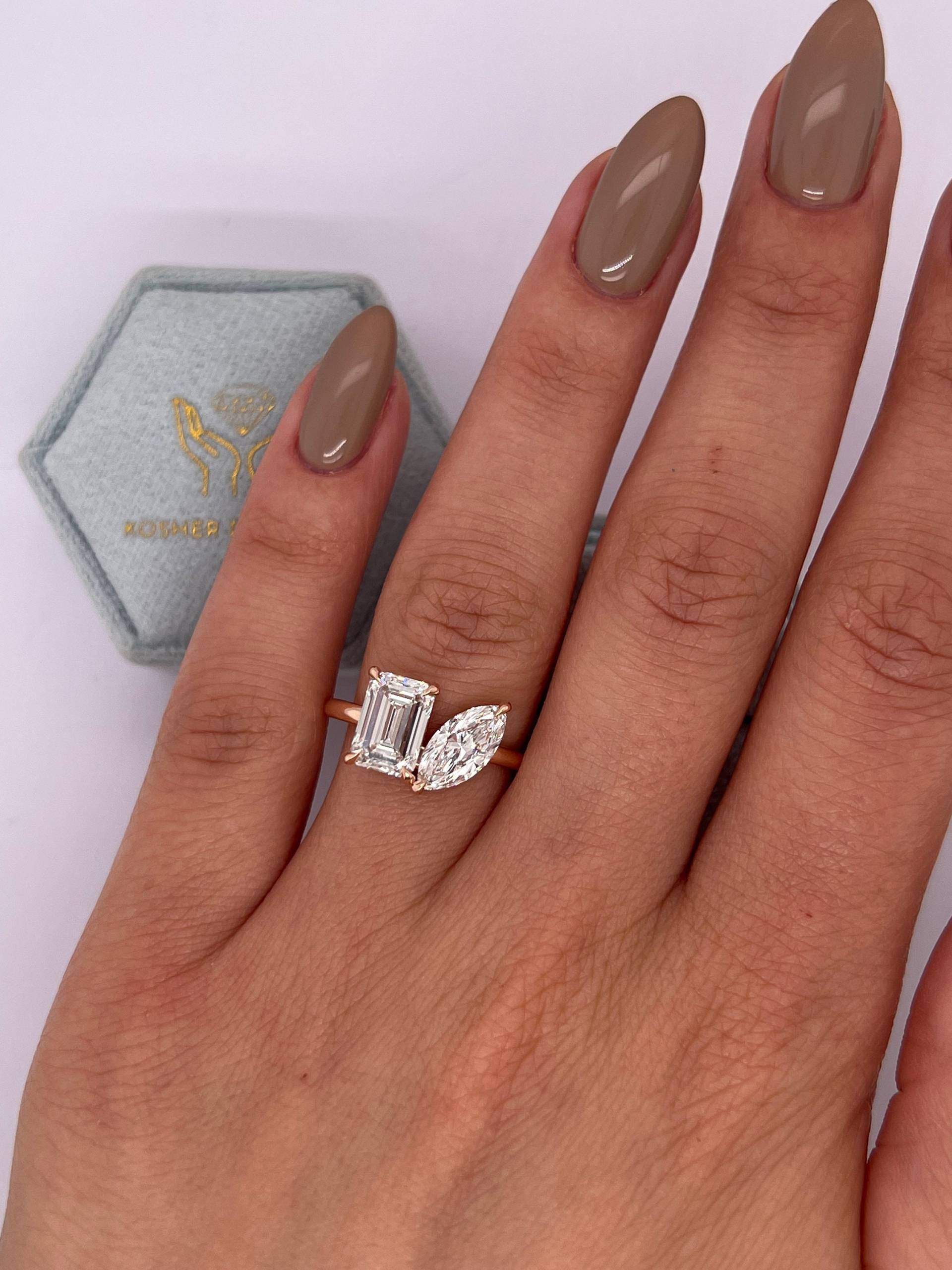 Toi Et Moi, You & Me Ring 4.5 Karat E/Vvs2 Igi Zertifizierte Marquise + Smaragdschliff Zwei Stein Laborgewachsener Diamant-Verlobungsring, 14K Toi Et Moi, You & Me Ring 4.5 Karat E/Vvs2 Igi Zertifizierte Marquise + Smaragdschliff Zwei Stein Laborgewachsener Diamant-Verlobungsring, 14K von KosherDiamond