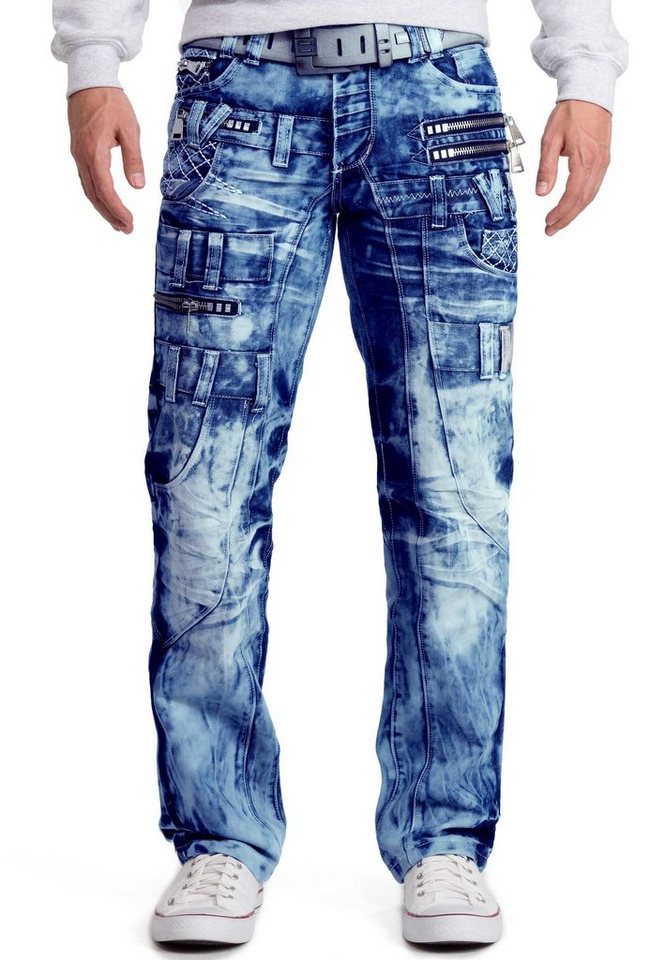 Kosmo Lupo 5-Pocket-Jeans Herren Regular Fit Jeans Stonewashed KM009 Blue W40/L34 (1-tlg) Markantes Design mit Aufgesetzten Applikationen von Kosmo Lupo