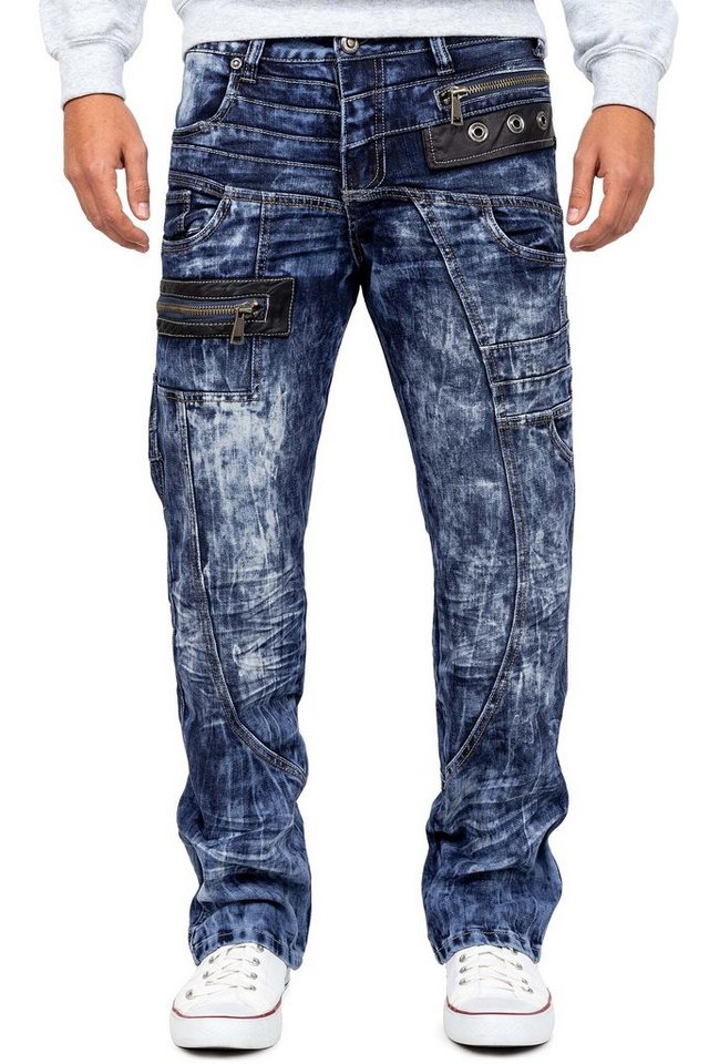 Kosmo Lupo 5-Pocket-Jeans Herren Regular Fit Jeans Stonewashed KM012 Blue W33/L32 (1-tlg) extravagante Bluejeans mit Kunstleder Bereichen von Kosmo Lupo
