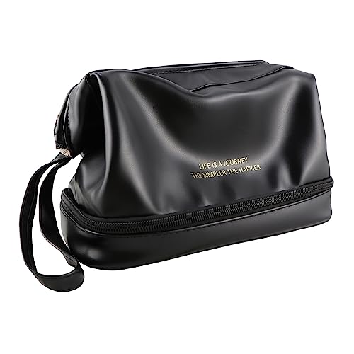 Kososuru Make-up-Tasche, tragbare wasserdichte Kosmetiktasche, Reise-PU-Leder-Kulturbeutel, große Kapazität Make-up-Tasche für Frauen, Schwarz, Double layer, Modern von Kososuru