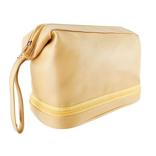 Kososuru Make-up-Tasche, tragbare wasserdichte Kosmetiktasche, Reise-PU-Leder-Kulturbeutel, große Kapazität Make-up-Tasche für Frauen, gelb, Double layer, Modern von Kososuru