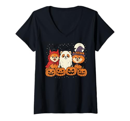 Damen Pommern Halloween Kostüm Zwergspitz T-Shirt mit V-Ausschnitt Damen Pommern Halloween Kostüm Zwergspitz T-Shirt mit V-Ausschnitt von Kostüm Halloween Pom Gruselig