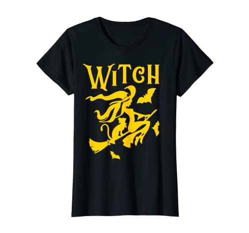 Hexe Besen Halloween Fledermaus Katze Witch Damen Kinder T-Shirt von Kostüm Hexe auf Besen Katze Fledermäuse Hexenshirt